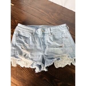 American Eagle Hi-Rise Shortie Distressed Lace Trim Denim Shorts Light Wash 8
